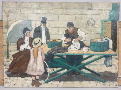 une peinture représentant un groupe de personnes assises à une table