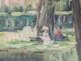 a painting of a woman and a child sitting in a park