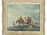 an image of a painting of a man riding a horse with a group of people on it