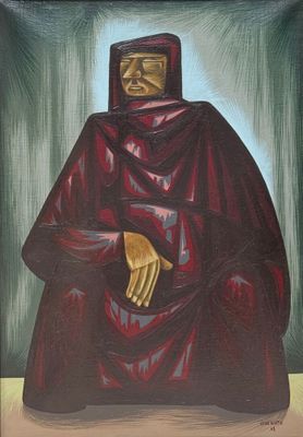 une peinture à l'huile représentant un homme vêtu d'une cape rouge et tenant un couteau