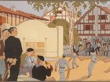a painting of a baseball game being played in a town