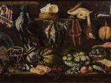 a painting of a still life with a bird on a table