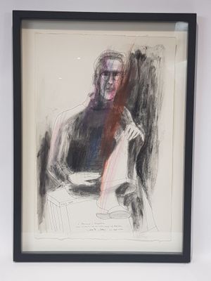 dessin encadré représentant un homme assis sur une chaise, le bras posé sur un oreiller