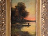 painting of a man in a boat on a lake with a sunset in the background