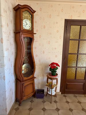 a grandfather clock in the corner of a room next to a door