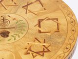 a wooden table with a clock on top of it