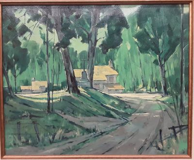 un tableau représentant une route de campagne avec une maison au loin