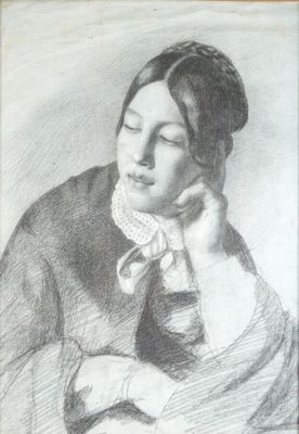un dessin représentant une femme les yeux fermés, la main posée sur le menton