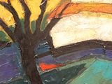 a painting of a tree in a field with a sunset in the background