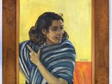 painting of a woman wrapped in a blue and white striped shawl