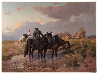 un tableau représentant deux hommes à cheval dans l'eau