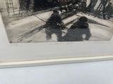 a black and white drawing of two men on a boat