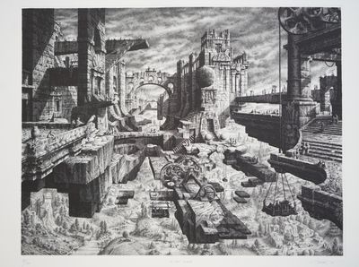 drawing of a scene of a ruined city with a clock tower in the background