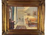 une image représentant un tableau d'un salon avec un canapé et un fauteuil