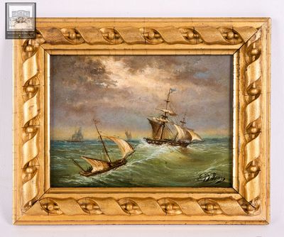 une peinture à l'huile représentant deux navires en mer sous un ciel nuageux