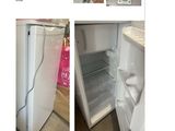 several pictures of a refrigerator with a door open and a hand opening the door