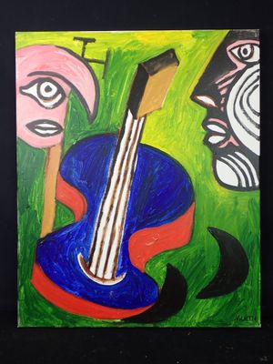une peinture représentant une guitare et un poisson sur fond noir