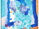 une peinture abstraite réalisée à l'aquarelle dans des tons de bleu, d'orange et de jaune sur fond blanc