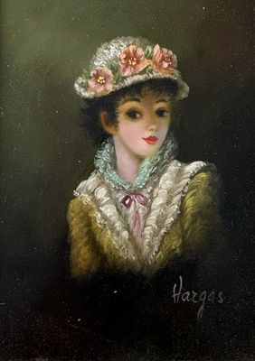 tableau représentant une femme coiffée d'un chapeau orné de fleurs