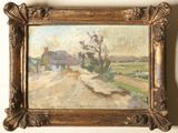 an image of a painting of a country road with a house in the background