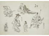 four drawings of people in oriental clothing, one with a sword and one with a bird
