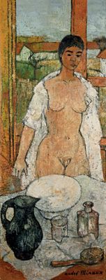 un tableau représentant une femme assise à une table devant une fenêtre