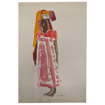 tableau représentant une femme vêtue d'une robe rouge et blanche et portant une coiffe jaune