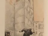drawing of a man holding a broom in front of a tall building
