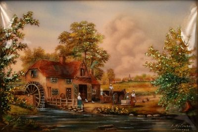 reproduction d'un tableau représentant une scène de vie à la ferme, avec une roue à eau au premier plan