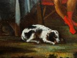 a painting of a woman sitting at a table with a dog