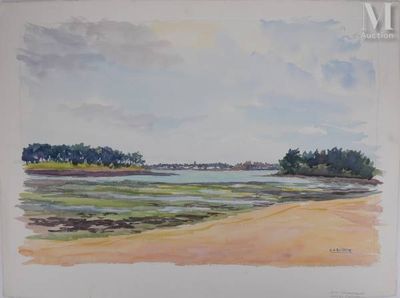 painting of a view of a beach with a body of water in the foreground