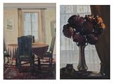 tableaux représentant une salle à manger avec une table, des chaises et un vase de fleurs