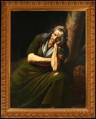 tableau représentant une vieille femme appuyée contre un arbre, la main posée sur le menton