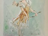 painting of a woman in a dress holding a bow and arrow