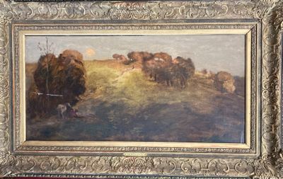a picture of a painting of a herd of sheep in a field