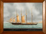 an old painting of a ship in the water with a sky background