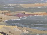 a painting of a beach scene with birds flying over the water