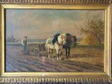 painting of two horses pulling a plow with a man in the background