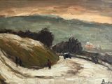 painting of people walking down a snow covered hill in the distance