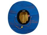 a picture of a blue hat with a brown bear on it