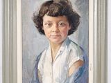 tableau représentant une jeune fille vêtue d'une chemise blanche et d'une veste bleue