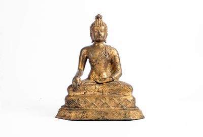 THAILANDE, fin XIXe. Statuette de Bouddha assis en bronze do…