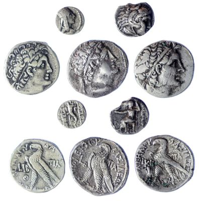 six ancient roman coins are arranged in a circle on a white surface