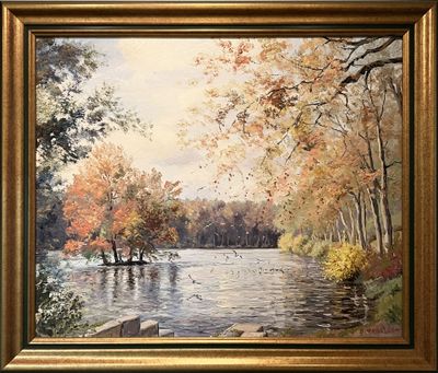 a painting of a river with trees and a boat in it