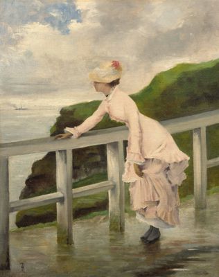 painting of a woman in a pink dress and hat leaning on a railing