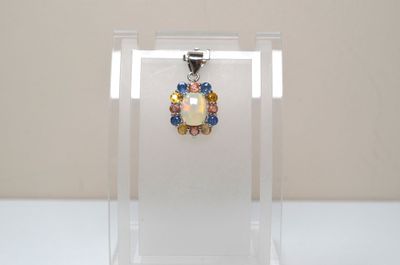 a close up of a glass display case with a necklace on it