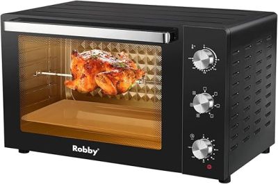 une photo d'un four grille-pain noir contenant un poulet