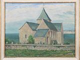 une peinture à l'huile représentant une église avec un clocher et un clocher sur le toit