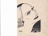 dessin représentant le visage d'une femme sur fond noir et blanc