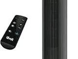 a black tower fan sitting next to a remote control